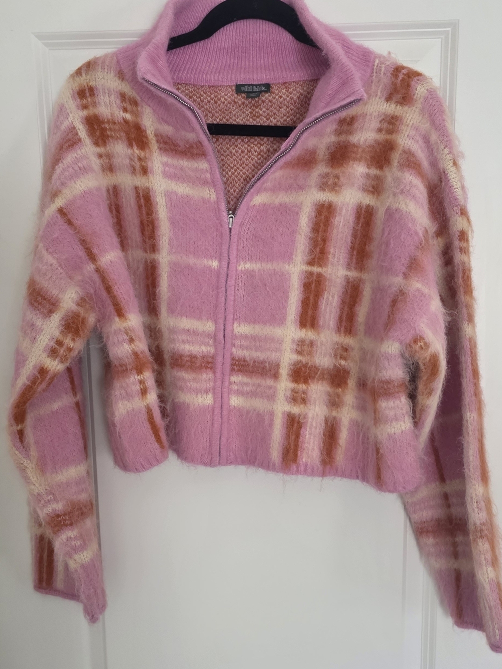 wild fable Pink Plaid Zip-Front Fuzzy Sweater